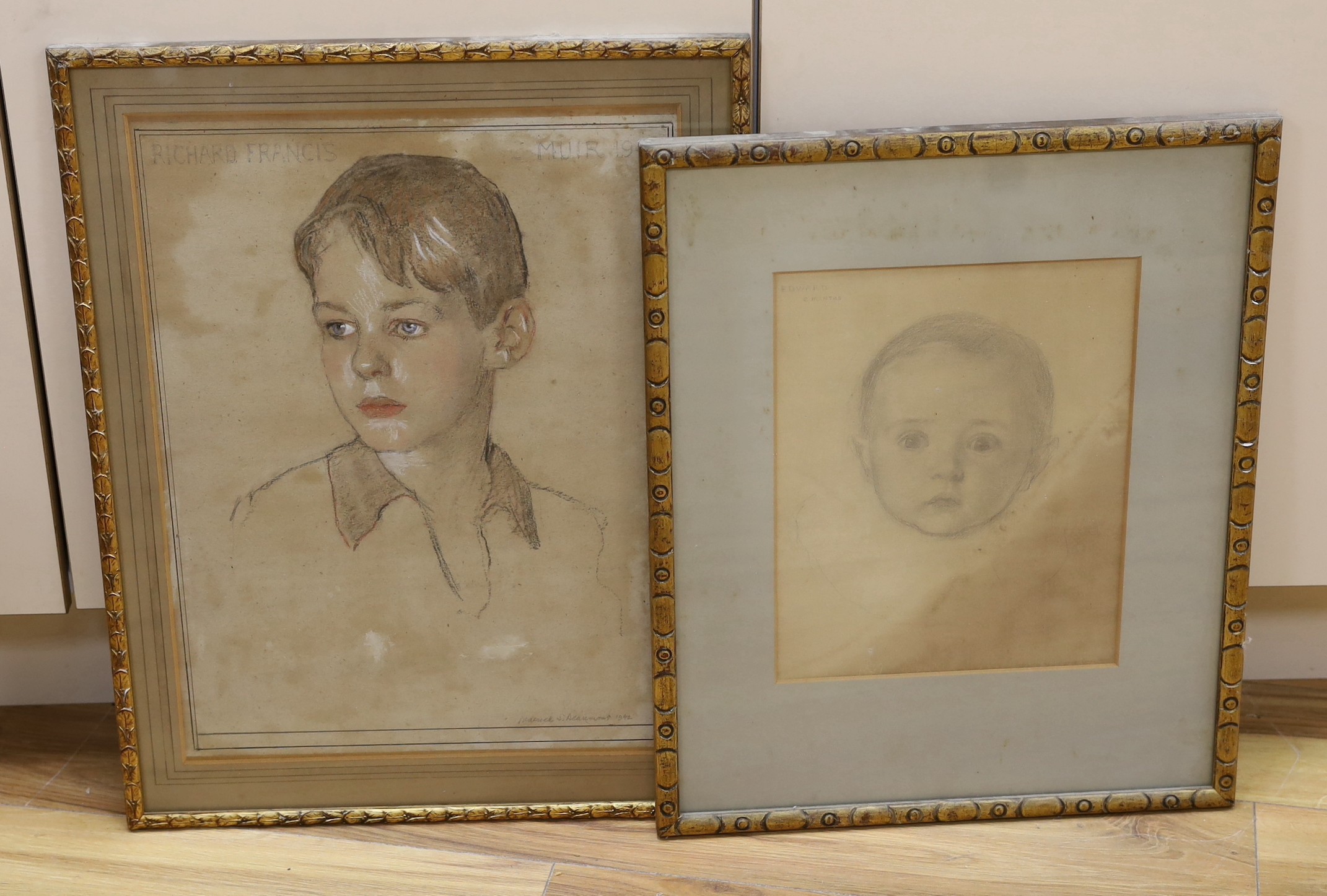 Frederick Samuel Beaumont (1861-1954), pastel and pencil sketches, two head study portraits, ‘Edward - 6 months’ and ‘Richard Francis - Muir 1945’, both signed and inscribed, largest 46 x 35cm